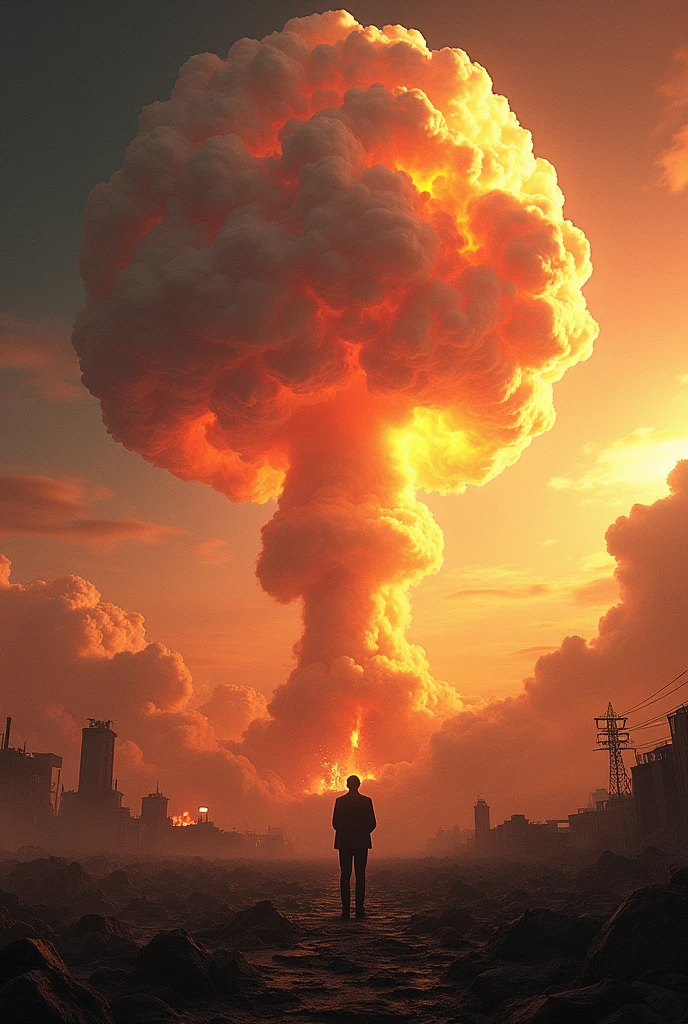 Tilt shift photography .a massive mushroom cloud explosion, Hiroshima, Japan, nuclear bomb, atomic explosion, destruction, fire, smoke, devastation, detonation, Oppenheimer, nuclear physicist, war, wartime, historical, dramatic lighting, cinematic, photorealistic, 8k, ultra-detailed, hyper-realistic, vibrant colors, dynamic composition, intense lighting, volumetric lighting, dramatic shadows, cinematic camera angle