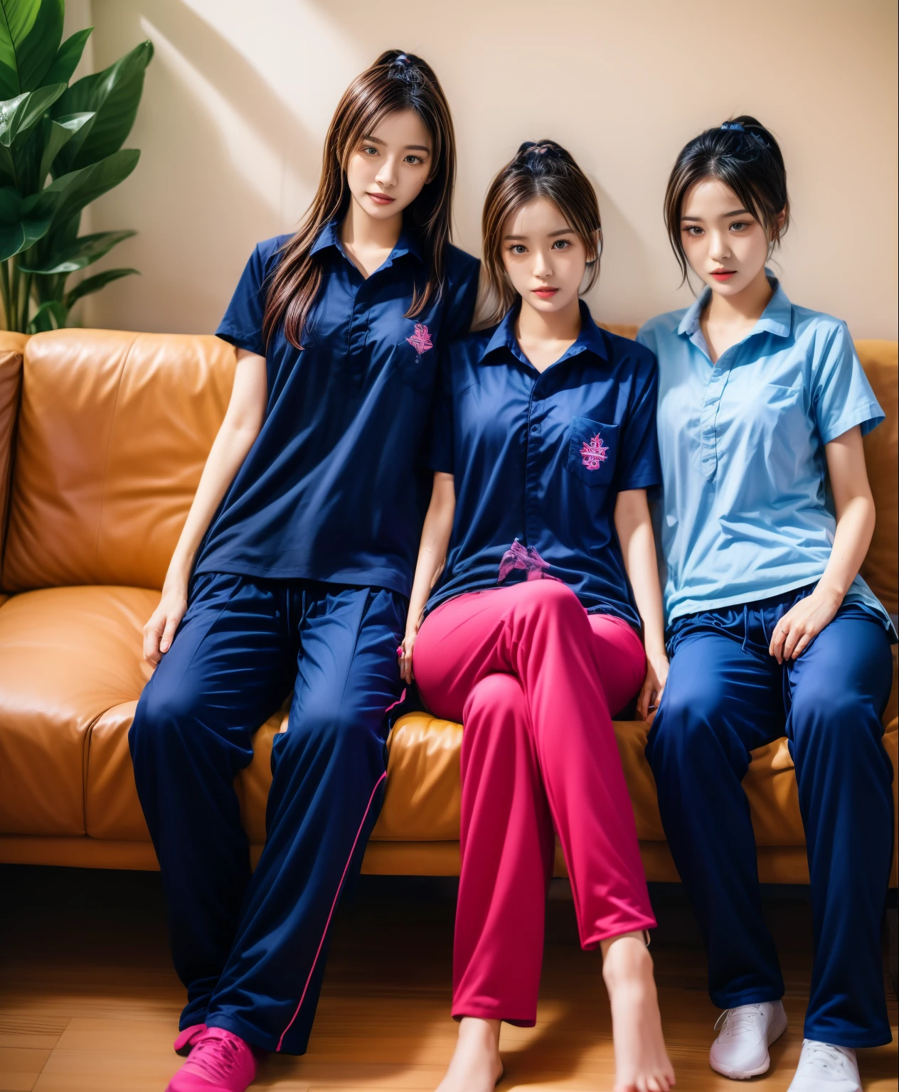 3 girls lie about on sofa living room, Navy blue short-sleeved shirt,Navy Long Trackpant,Sweatpants, Sweatpantsขายาว,25 year old girl, lesbian, sexy, exercise clothes, wet body, exercise clothes