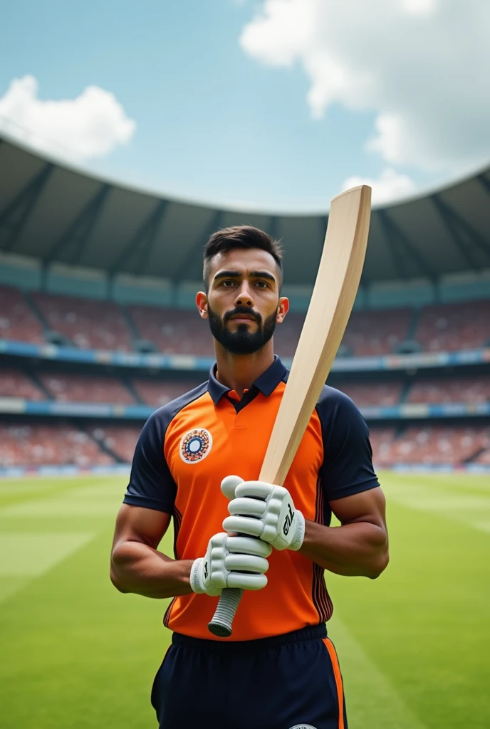 Generate an image of a confident, athletic male cricket player in his early 30s. He should have a medium complexion with short black hair and a neatly trimmed beard. The player is wearing a modern cricket jersey, holding a cricket bat, and standing on a cricket field with a stadium in the background. The scene should capture the intensity of a live match, with the player focused and ready to bat, under bright daylight, with a crowd of fans cheering in the background."