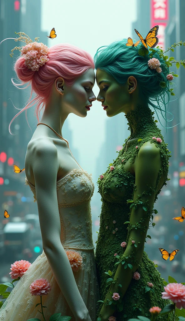 A vibrant and captivating image featuring two ethereal women, embodying the essence of nature amidst an urban backdrop. The women stand close, their contrasting appearances creating a striking visual harmony. One has a porcelain-white complexion with pink hair adorned with blooming flowers, while the other has green skin, with vines and foliage woven into her teal hair. Their eyes lock in a powerful, almost magical connection, as if they are two halves of the same natural force. The background shows a futuristic city skyline, its neon lights glowing in the twilight, creating a contrast between the natural beauty of the women and the artificial world behind them. The scene is lush with details, from the intricate floral patterns on their bodies to the butterflies fluttering around them, evoking a sense of life and nature reclaiming its place in the world.
(((nature goddesses in a futuristic city))), medium shot, vibrant color palette, dynamic composition BREAK ((best quality:1.6)), ((high details:1.5)), ((highres:1.5)), ((4K:1.5)), ((floral patterns:1.3)), ((neon cityscape:1.3)) BREAK inspired by the styles of Artgerm | Loish | Greg Rutkowski | Pascal Blanche.