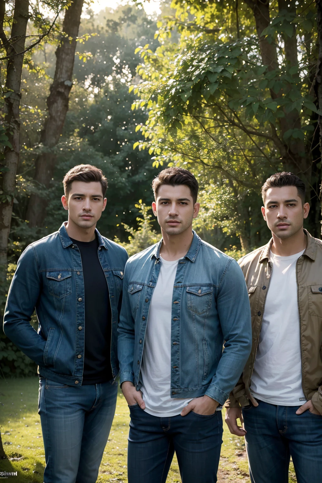 (best quality,4k,8k,highres,masterpiece:1.2),ultra-detailed,(realistic,photorealistic,photo-realistic:1.37),three men wearing jeans jackets stand under a tree. The sunlight shines through the leaves, casting beautiful light and shadow patterns on their faces. The texture of their denim jackets is clearly visible, with every stitch and detail rendered in sharp focus. The portrait captures the maturity and character in their faces, highlighting the lines and contours. The scene is surrounded by lush greenery, with vibrant and vivid colors that bring the image to life. [HDR] enhances the dynamic range and depth of the colors, creating a visually stunning effect.