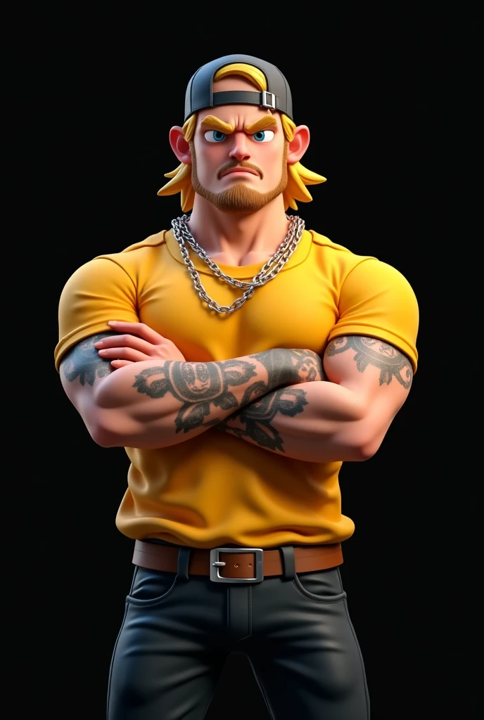 A young adult 3D cartoon character, he has medium-length blonde hair and bright blue eyes. His expression is serious and he looks angry. His hands are in his pockets. He has little beard. He is very strong and tall and has his arms crossed..
He is wearing a very loose bright yellow t-shirt and black pants., with silver buckle belt, in the head, a backwards cap, he has some tattoos and wears silver chains. on a completely black background..