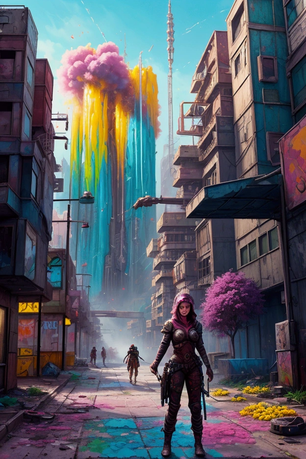 Vibrant girl with flowers in her hair and a gentle smile surrounded by splashes of colored graffiti, emphasizing uplifting feelings through expressive brushstrokes in a melting of oil gouache and spray paint, set against a deeply vibrant, high contrast, and colorful polychromatic cityscape, with intricate details in a fantasy setting, as if painted with acrylic, and resembling a complimentary, and deeply colorful splash screen from a fantasy concept art, in the style of Simon Stalenhag and Loish, with a touch of Ash Thorp's dystopian futurism.