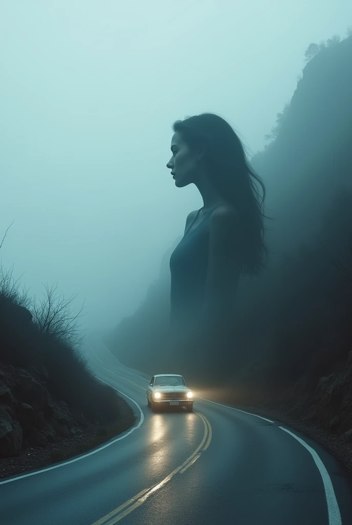 In the mountains in thick fog, a road, a median line, an old car, the weak light of headlights, and a woman's profile in multiple exposures,