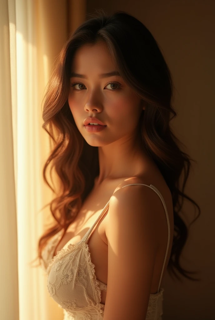 a beautiful young brunette woman, 20 years old with natural large breasts, naked, in a beautiful hotel room, photorealistic, 1girl, extremely detailed face and eyes, delicate facial features, detailed skin texture, smooth skin, natural lighting, soft lighting, warm colors, golden hour lighting, high quality, 8k, ultra-detailed, realistic, masterpiece, professional photography, natural pose, sensual, elegant, alluring, captivating