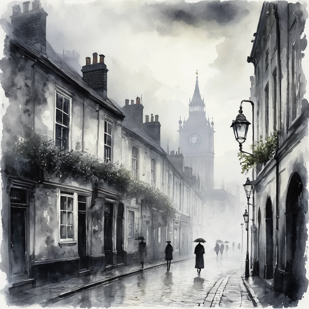 (watercolor), landscape, (fog), 濃fog, London, Old Townscape, mysterious, Fantasy, Quiet atmosphere, stage, (monochrome)