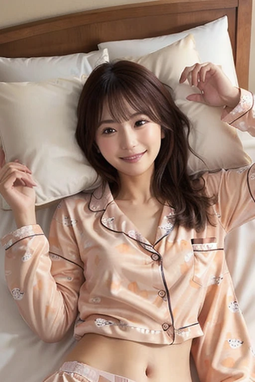 marshy, bed, pillow, lying, on side, (pajamas:1.2),  soft smile, 、Long Hair、Orange underwear