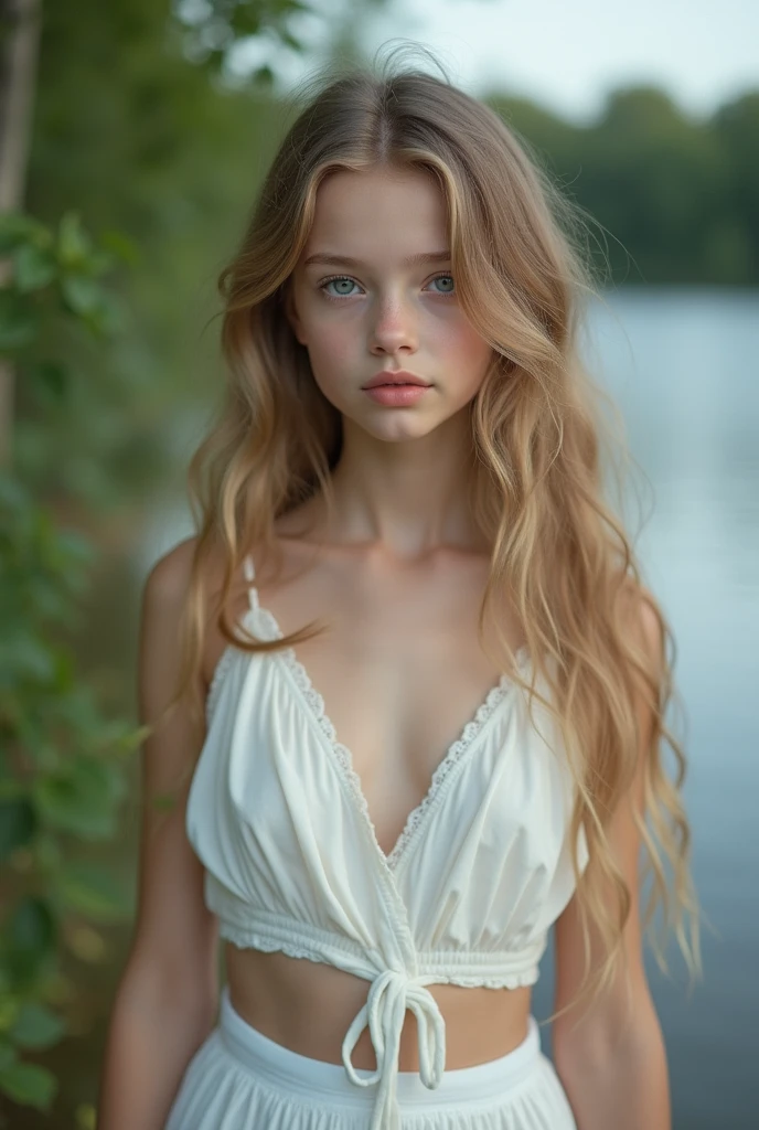 imagine a beautiful young Russian girl with long wavy dark blonde hair, a white sleeveless summer crop top, a white summer dress, standing near a russian lake, belly button, (Kristina Pimenova:1.5), smooth fur, thin face, body, flat breasts, flat chest, beautiful young model of 12 years, long wavy dark blonde hair, Beautiful model girl, beautiful 12 year old model girl, cute young girl, most beautiful teenmodel in the world, pretty face, thin face, Very beautiful young girl, thin face, ultra realistic skin, perfect face, young and cute girl, gorgeous full body shot, By Irakli Nadar, mackenzie foy, 8k, ultra high resolution.photorealistic, HD, masterpiece, raw, shy, innocent , Pure,provocative