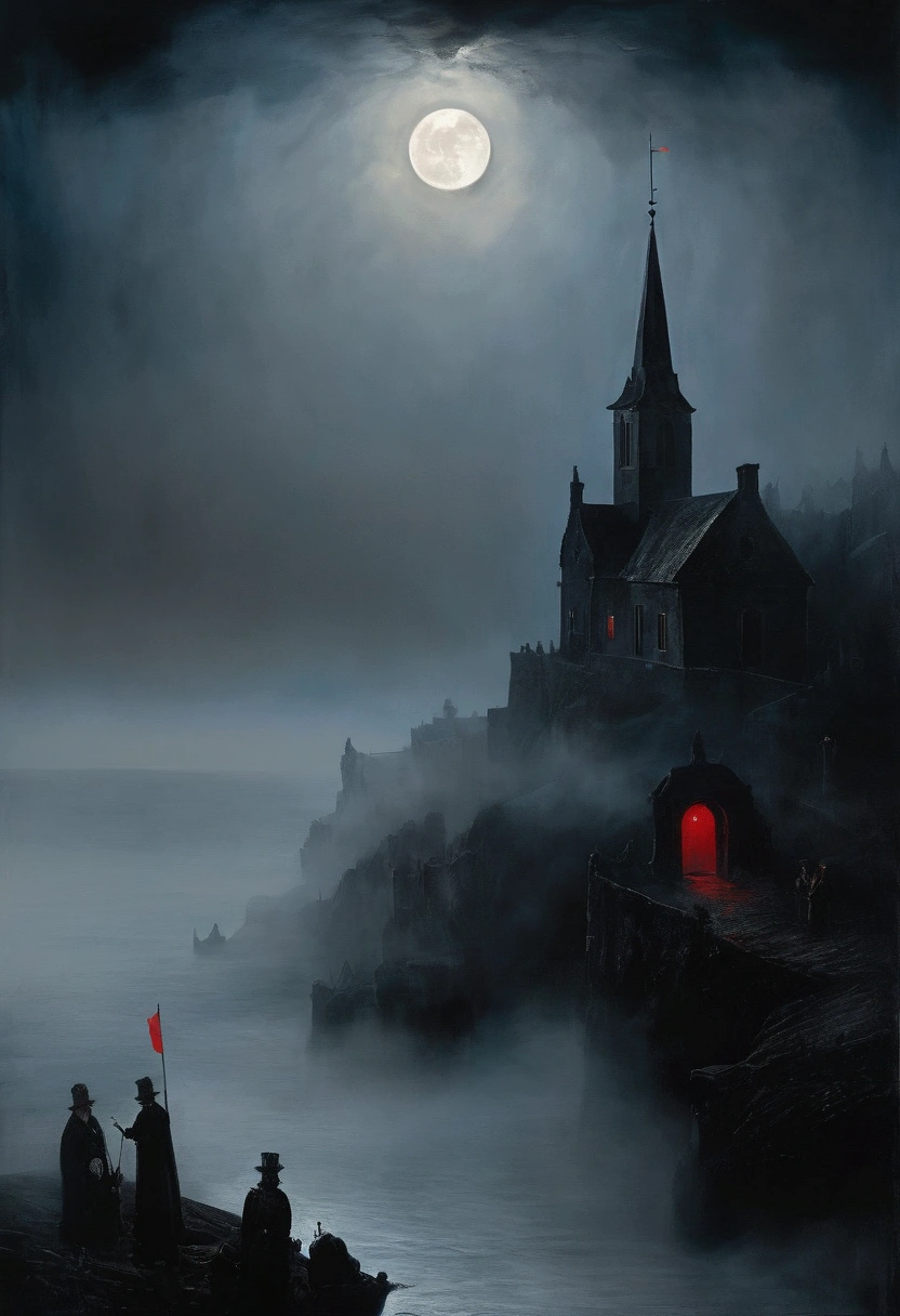 Shrouded in thick fog island, atmospheric mysterious landscape, fantastic moody weather, dramatic lighting, cinematic composition, ethereal vibe, moon, deep blues and grays, fantasy art, concept art,  (oil painting), Black and White, poor visibility, (Inspiration comes from：James Ensor),Red light