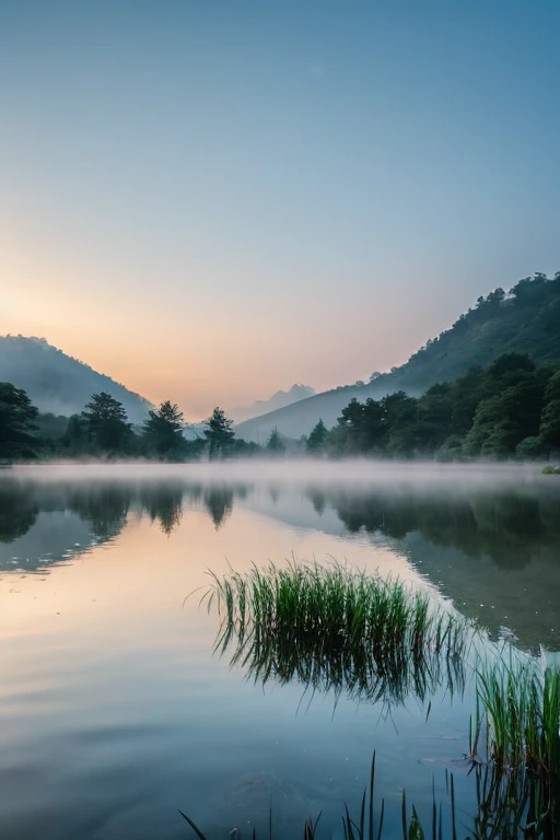 Highest quality、Tranquil lakeside scenery、Foggy、dim