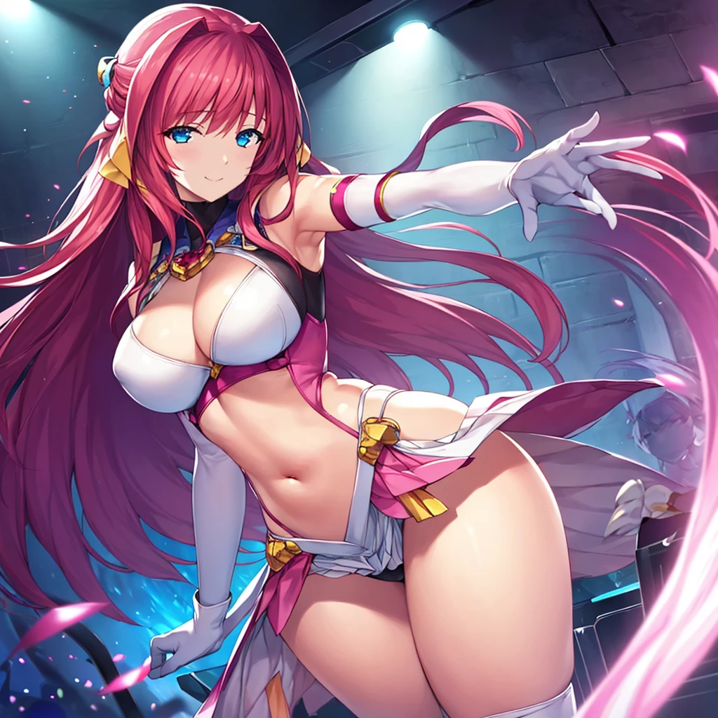 (Ultra extreme detailed),(Masterpiece),(Ultra extreme),(Realistic),CG,(color:1.2), Beautiful lighting,Light from the front, alone,Smiley, Escalayer,pink hair,long hair,hair_ornament,blue eyes,Pink Dress,White long gloves,thigh_boots,