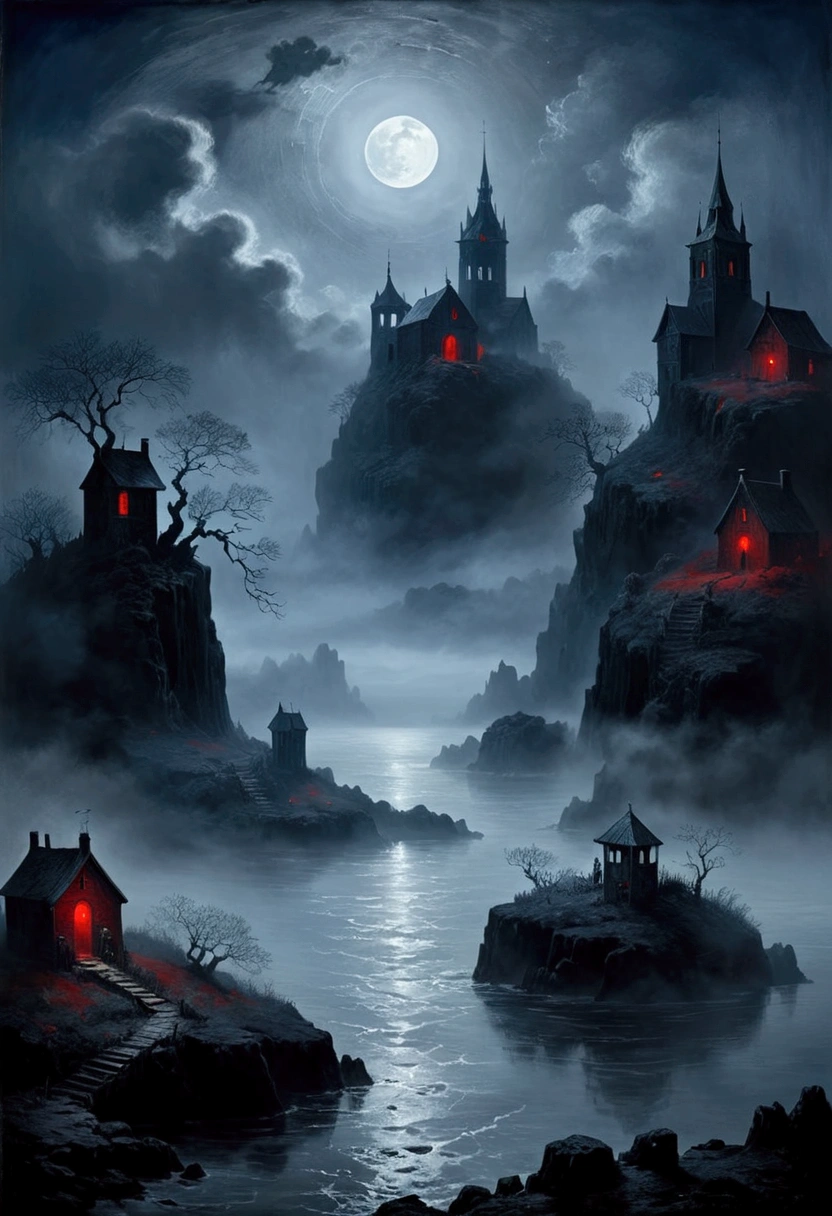 Shrouded in thick fog island, atmospheric mysterious landscape, fantastic moody weather, dramatic lighting, cinematic composition, ethereal vibe, moon, deep blues and grays, fantasy art, concept art, (oil painting), Black and White, poor visibility, (Inspiration comes from：James Ensor),Red light