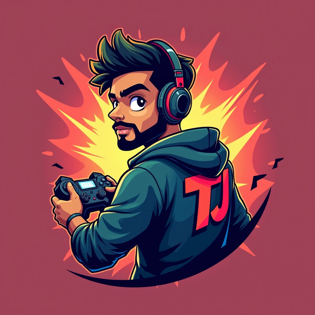 Gaming logo for my youtube channel I am a young Indian man of age 23 with a little trimmed beard write TJ on back Make it a little cartoonish It should look like an eSports player