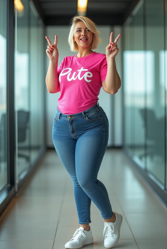 Real women, she is Blonde with short hair, she has an hourglass figure, she has a surreal, hentai-like physique, with exaggerated curves that showcase large buttocks and voluminous breasts.
in a modern office, with glass walls and contemporary decor
dressed in a vibrant pink t-shirt emblazoned with “Pute” in fun letters, adding a touch of lightness and humor to her look
figure-hugging skinny jeans, paired with white-heeled sneakers for a dynamic look
the camera captures her from head to toe, revealing her slender legs and casual yet fun style
smiling, she squints slightly, sticking out her tongue with a mischievous expression that evokes joy and confidence
making the “V” sign of peace with each of her hands, adding a playful dimension to her pose