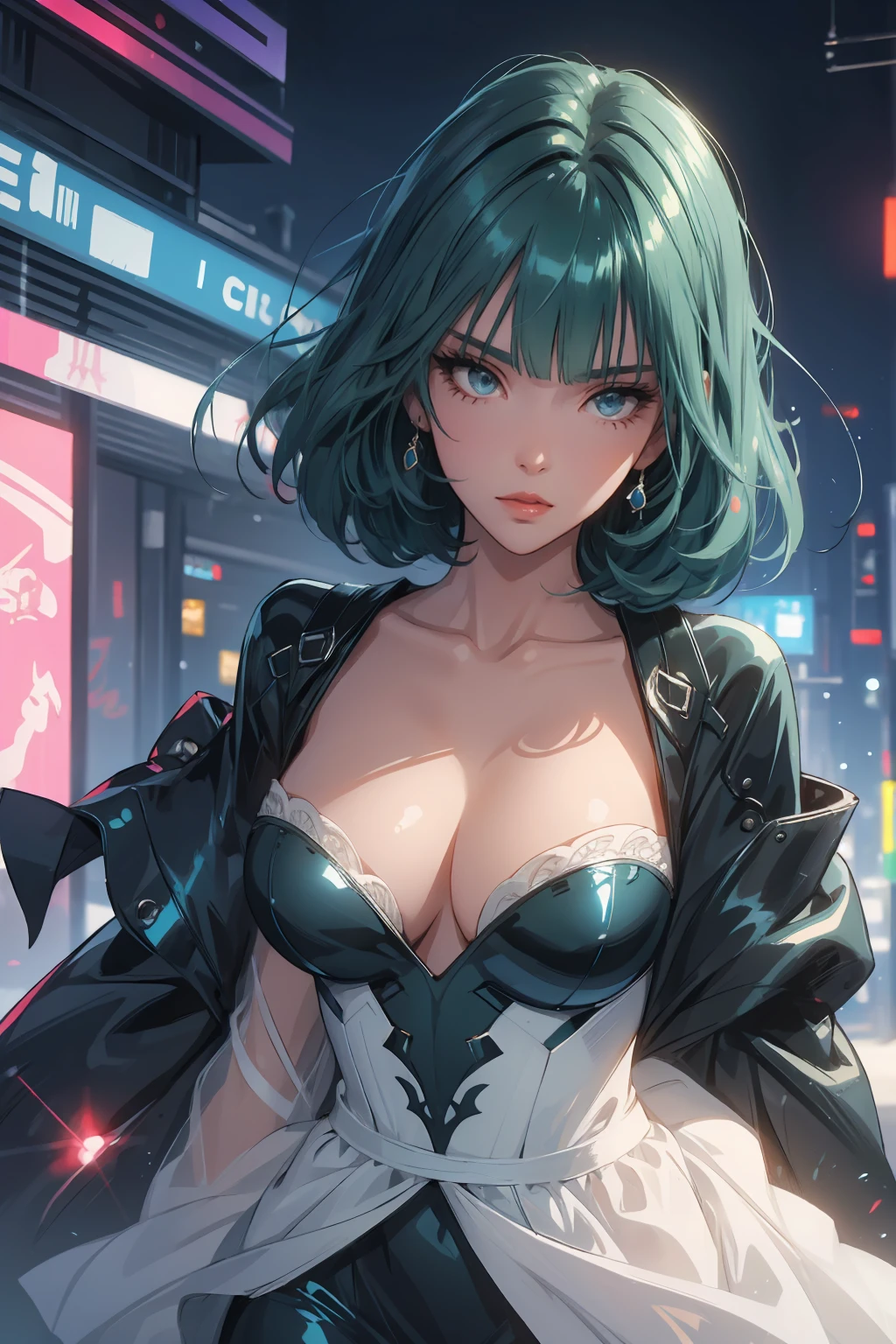 1girl,a beautiful fashion model ,(masterpiece, detailed background, best quality),short and shiny hair, blue green hair, hair with highlights, bangs, smirk,juicy lips,red lips, calmart, lingerie, stripping, elegant makeup, blue eyes, full body shot, (shiny skin), cyberpunk, sci fi, boa, extravagant jewelry, cocky expression, covered in jewelry, fancy, white dress