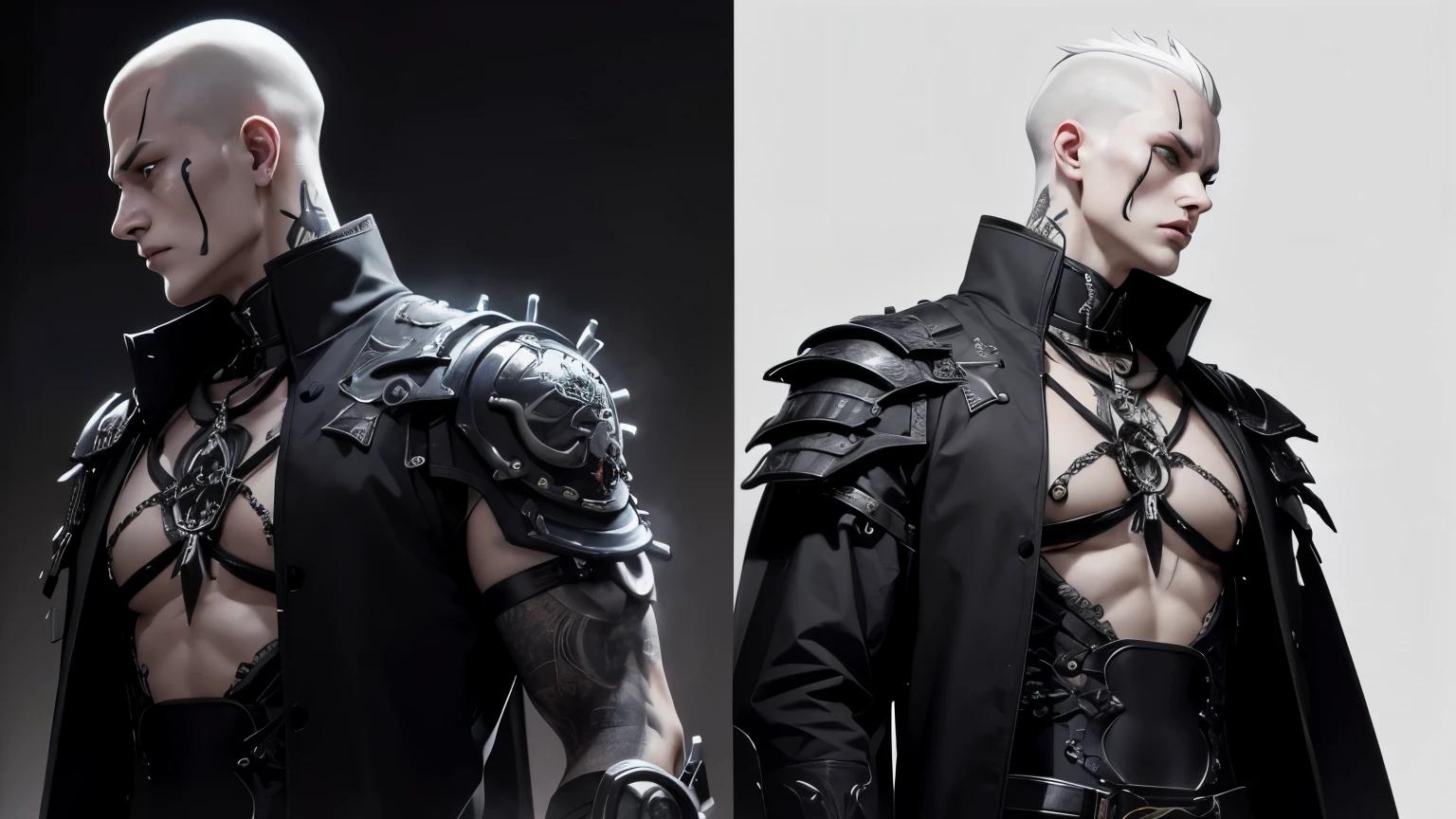 A menacing albino villain, tall and thin, shaved almost bald, white hair, with intricate symbol tattoos covering his arms, dressed in a black vest. This character design is represented in three dynamic poses – front, back and side view – against a white background. The image is a stunning digital illustration, showing the character's cyberpunk style in vivid detail. Every aspect of the character, from his pale skin to his menacing posture, is represented with impeccable artistry, bringing this malevolent figure to life with exceptional quality and attention to detail. He has metallic and cybernetic parts on his body, his pants are black, he has 3 swords on his back, large samurai swords, these swords are black, he has a cyberetic robotic right forearm