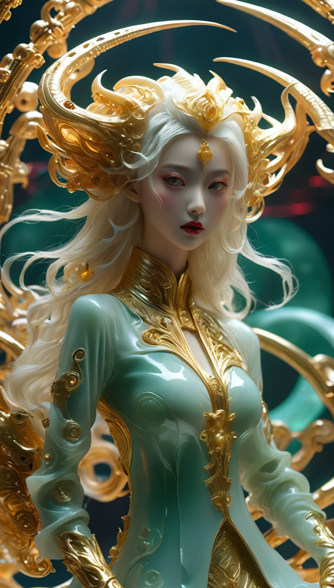 Naked lady , A fashion runway for alien technology , Exquisite face，vogue photography , Inspired by cyberpunk。(Best quality,4K,8k,A high resolution,Masterpiece:1.2), (Realistic,Photorealistic,photo-realistic:1.37).Gold inlaid jade style，Shiny，Exquisite，Hell Girl，long black hair , full body portrait ,Riding the Ruby Monster