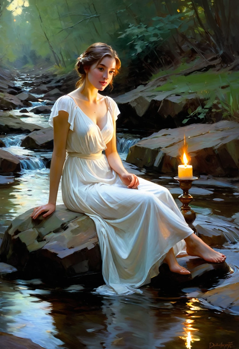 Impressionist painting depicting a woman in a white dress, shoulders bare, sitting on a rock in a stream, next to her is a glass vessel with a burning candle inside, Daniel Gerhartz, inspired by Daniel F. Gerhartz, Daniel Gerhartz, Daniel Gerhartz, Daniel F. Gerhartz inspired by Michael Malm, Michael Malm, Morgan Weistling, Volegov, Craig Mullins, diffused lighting, Michael Komark, beautiful image