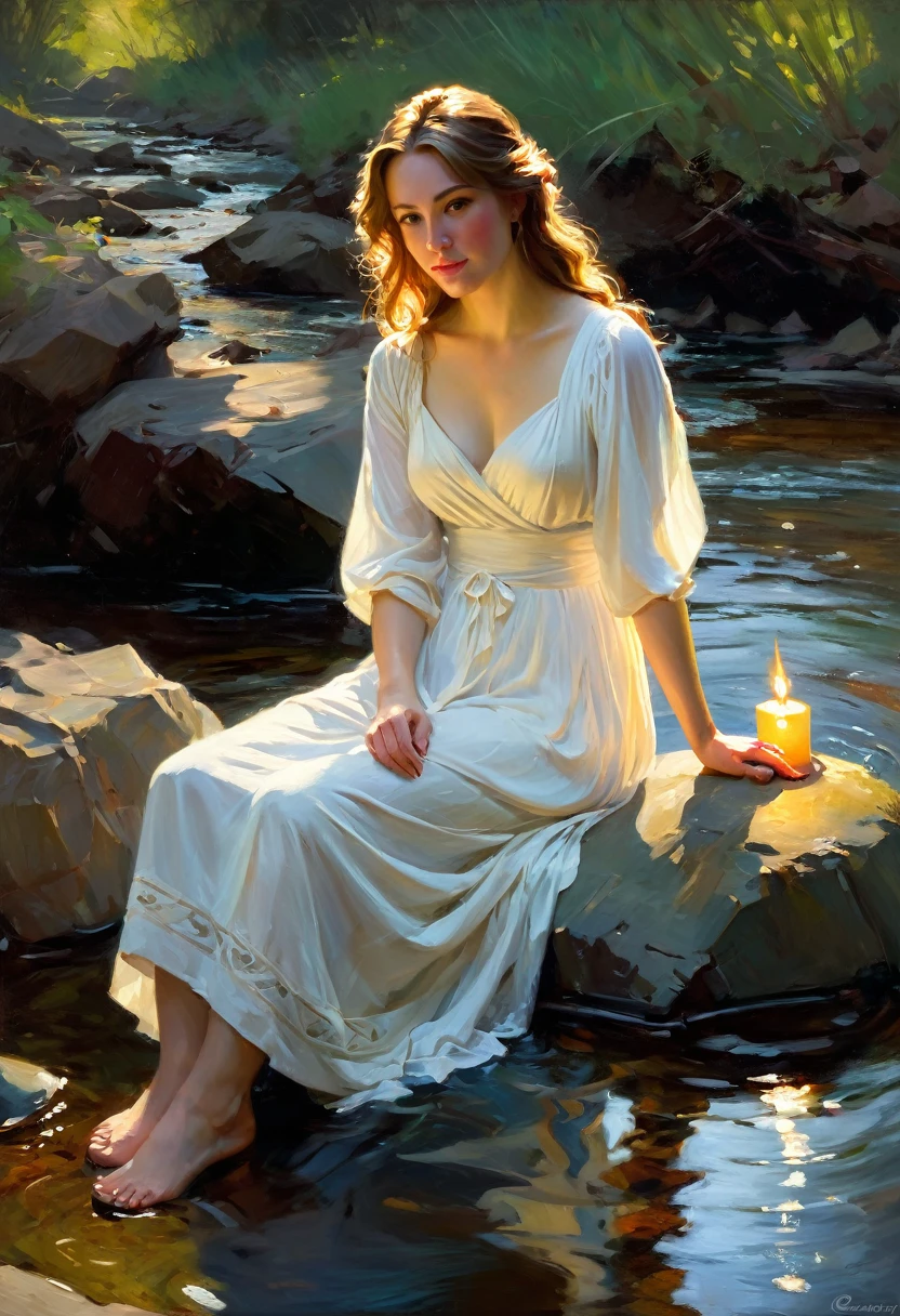 Impressionist painting depicting a woman in a white dress, shoulders bare, sitting on a rock in a stream, next to her is a glass vessel with a burning candle inside, Daniel Gerhartz, inspired by Daniel F. Gerhartz, Daniel Gerhartz, Daniel Gerhartz, Daniel F. Gerhartz inspired by Michael Malm, Michael Malm, Morgan Weistling, Volegov, Craig Mullins, diffused lighting, Michael Komark, beautiful image