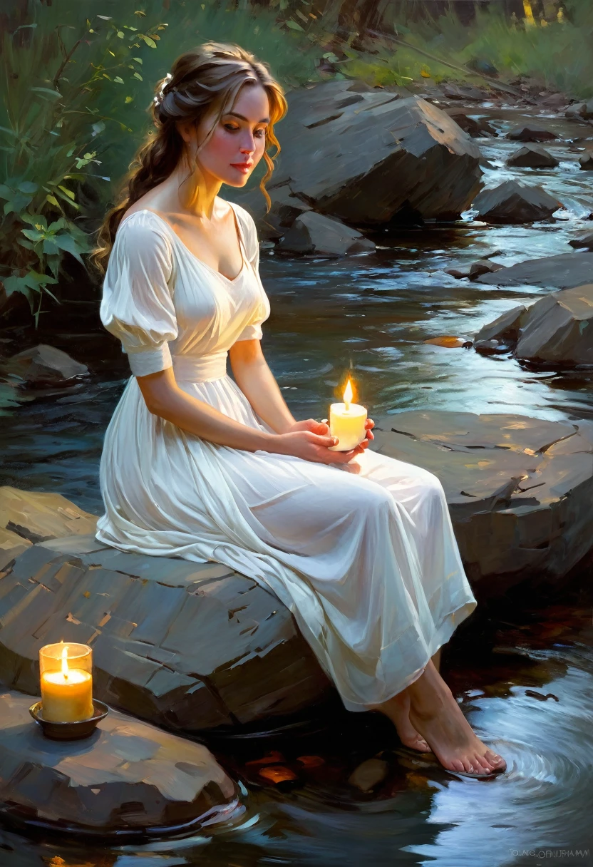 Impressionist painting depicting a woman in a white dress, shoulders bare, sitting on a rock in a stream, next to her is a glass vessel with a burning candle inside, Daniel Gerhartz, inspired by Daniel F. Gerhartz, Daniel Gerhartz, Daniel Gerhartz, Daniel F. Gerhartz inspired by Michael Malm, Michael Malm, Morgan Weistling, Volegov, Craig Mullins, diffused lighting, Michael Komark, beautiful image