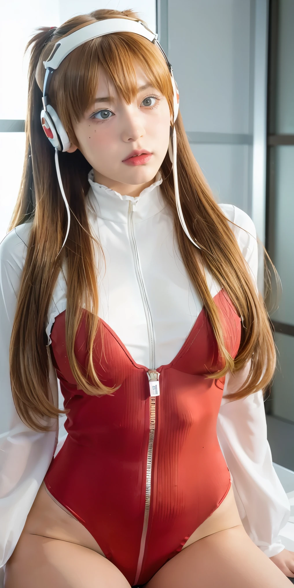 (cost view),Dynamic angle,Very detailed, illustration, close up, straight on, 1 girl, 
 ((Soryu Asuka Langley, headset interface, red bodysuit:1.4, Blonde)),Her eyes shone like dreamlike stars,(glowing eyes:1.233),(Beautiful and detailed eyes:1.1),(expressionless,gag),(stand), 
(Mechanic room with tools and spaceship window in white spaceship),
(nighttime:1.2),dreamlike, [[Delicate fingers and hands:0.55]::0.85],(inch details),