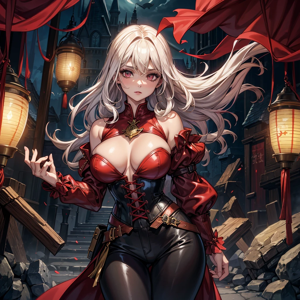 A sorceress girl, light curly voluminous hair, fantasy medieval, red blouse with lanterns on the shoulders, black leather pants, corset on the torso, big breasts, bust covered by a shirt, Eye Map, pale skin. Dark Fantasy