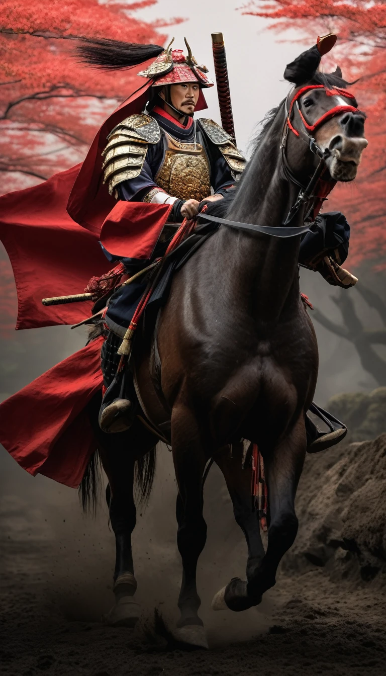 8k, RAW photo, best quality, masterpiece, realistic, photo-realistic, clear, professional lighting, beautiful face, best quality, ultra high res, Please create a highly realistic image of a Japanese samurai warlord from the Sengoku period, mounted on a powerful warhorse. The warlord is wearing intricately detailed traditional samurai armor with a flowing red cape, and his stern expression reflects the intensity of battle. The horse is adorned with traditional Japanese tack, and the entire scene should evoke the atmosphere of feudal Japan. Use realistic lighting and textures to emphasize the craftsmanship of the armor, the movement of the cape, and the dynamic pose of the warlord. The background should feature swirling dust and fiery tones, enhancing the epic and historical nature of the scene.
