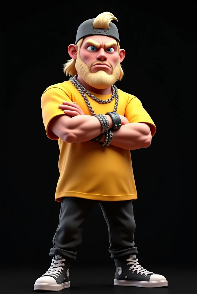 A young adult 3D cartoon character, He has medium length, very light blonde hair and light blue eyes.. His expression is serious and he looks angry. He has little beard. He is very strong and tall and has his arms crossed..
He is wearing a very loose bright yellow t-shirt and black pants with a silver buckle belt., And in the head, a backwards cap. He wears silver chains, silver bracelets and watch. is on an all-black background.