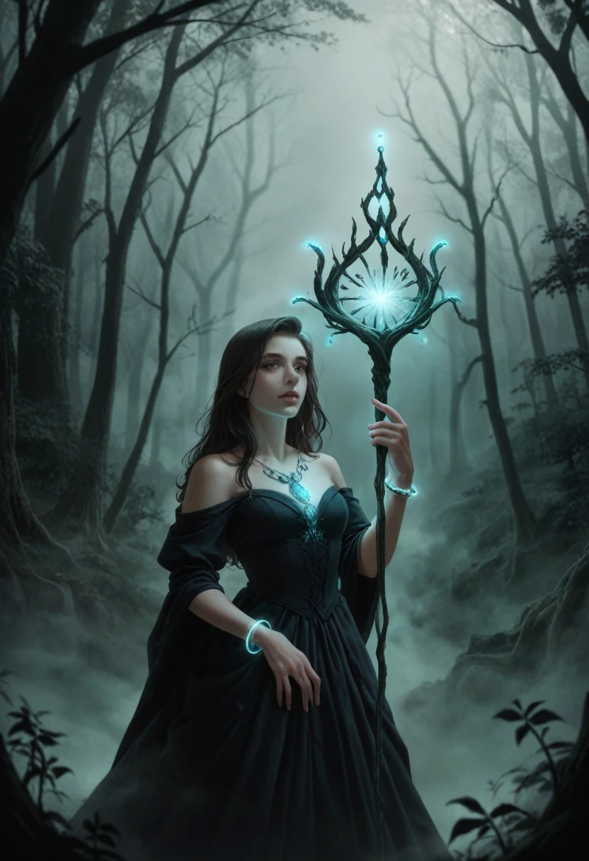 A hauntingly beautiful woman with long, flowing dark hair adorned with small, glowing gemstones is seen in a close-up amidst a dense, eerie fog in a mystical forest. Her eyes are the focal point, glowing with an intense, magical light that pierces through the surrounding mist. She wears a flowing, dark, and elegant dress, and her face is partially obscured by the fog, adding to her enigmatic aura. She holds a glowing trident, which emits a soft, radiant light, illuminating the fog around her. Her glowing jewelry, including a radiant pendant, luminous bracelets, and shimmering rings, further enhances the magical atmosphere. The forest background is filled with twisted trees and faintly glowing magical runes etched into their bark. Strange, luminescent plants and ethereal, glowing creatures can be seen faintly through the thick fog. The overall mood is mysterious and slightly ominous, with muted colors and soft, magical lighting enhancing the sense of fantasy, enigma, and intrigue