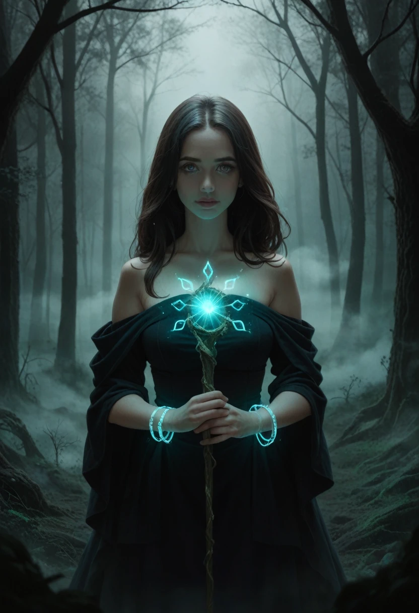 A hauntingly beautiful woman with long, flowing dark hair adorned with small, glowing gemstones is seen in a close-up amidst a dense, eerie fog in a mystical forest. Her eyes are the focal point, glowing with an intense, magical light that pierces through the surrounding mist. She wears a flowing, dark, and elegant dress, and her face is partially obscured by the fog, adding to her enigmatic aura. She holds a glowing trident, which emits a soft, radiant light, illuminating the fog around her. Her glowing jewelry, including a radiant pendant, luminous bracelets, and shimmering rings, further enhances the magical atmosphere. The forest background is filled with twisted trees and faintly glowing magical runes etched into their bark. Strange, luminescent plants and ethereal, glowing creatures can be seen faintly through the thick fog. The overall mood is mysterious and slightly ominous, with muted colors and soft, magical lighting enhancing the sense of fantasy, enigma, and intrigue