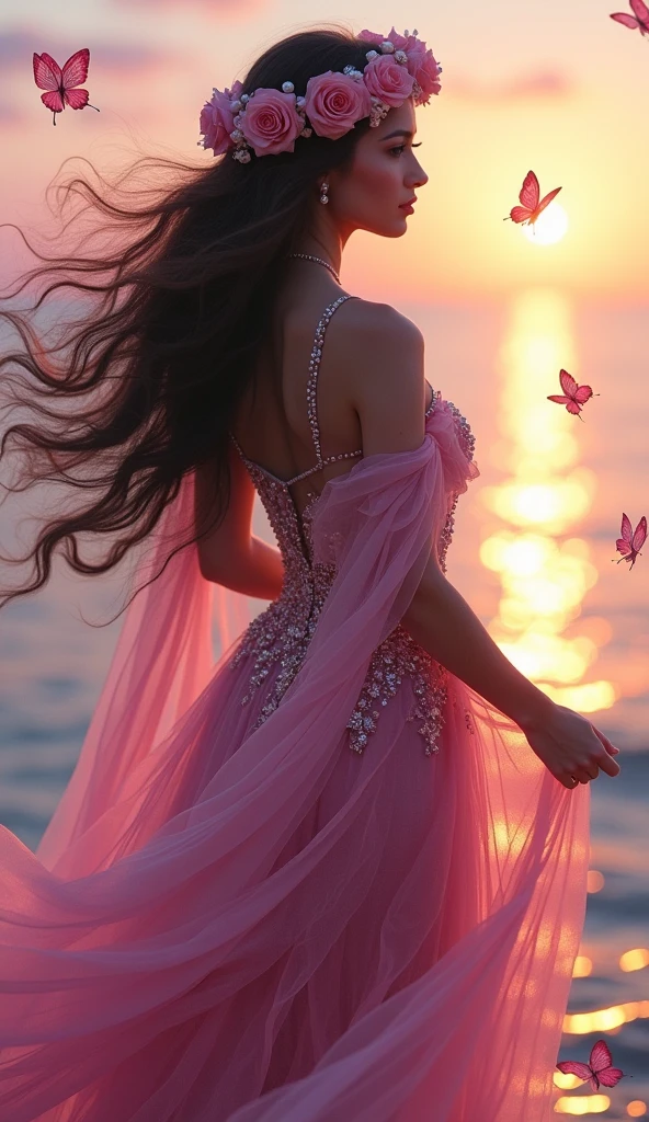 A mesmerizing and enchanting image of a goddess-like figure adorned in a stunning, flowing gown in shades of pink and magenta. Her voluminous dark hair cascades in waves down her back, crowned with a lavish wreath of roses and delicate pearls. She stands gracefully at the edge of a serene ocean, bathed in the warm glow of a sunset that paints the sky in soft pinks and purples. Her gown billows around her, embellished with intricate floral designs and sparkling details, giving her an ethereal and regal presence. Butterflies flutter around her, adding a magical and otherworldly touch to the scene. The entire composition exudes elegance, beauty, and a sense of tranquil power, as she embodies the spirit of nature and romance.

(((ethereal goddess portrait by the sea))), full-body shot, soft romantic lighting, sunset background BREAK ((best quality:1.6)), ((high details:1.5)), ((highres:1.5)), ((4K:1.5)), ((flowing gown:1.3)), ((floral crown:1.3)) BREAK inspired by the styles of Anna Dittmann | Loish | WLOP | Pascal Blanche.