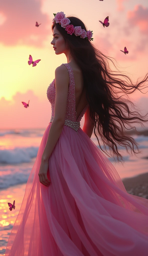 A mesmerizing and enchanting image of a goddess-like figure adorned in a stunning, flowing gown in shades of pink and magenta. Her voluminous dark hair cascades in waves down her back, crowned with a lavish wreath of roses and delicate pearls. She stands gracefully at the edge of a serene ocean, bathed in the warm glow of a sunset that paints the sky in soft pinks and purples. Her gown billows around her, embellished with intricate floral designs and sparkling details, giving her an ethereal and regal presence. Butterflies flutter around her, adding a magical and otherworldly touch to the scene. The entire composition exudes elegance, beauty, and a sense of tranquil power, as she embodies the spirit of nature and romance.

(((ethereal goddess portrait by the sea))), full-body shot, soft romantic lighting, sunset background BREAK ((best quality:1.6)), ((high details:1.5)), ((highres:1.5)), ((4K:1.5)), ((flowing gown:1.3)), ((floral crown:1.3)) BREAK inspired by the styles of Anna Dittmann | Loish | WLOP | Pascal Blanche.