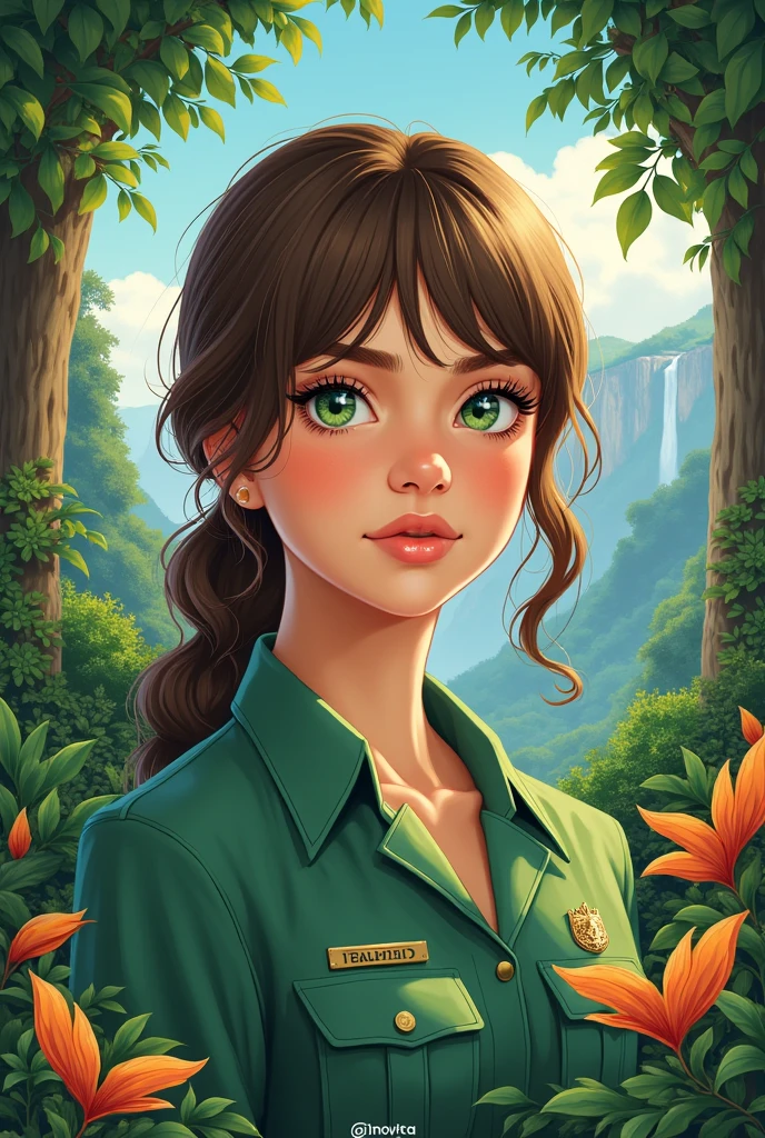 Create a propaganda poster,for the micronation ruled by supreme leader hanri botha,a white girl with light brown hair and bangs with green eyes
The micronations name is Novaterra,poster must be inspired by nature