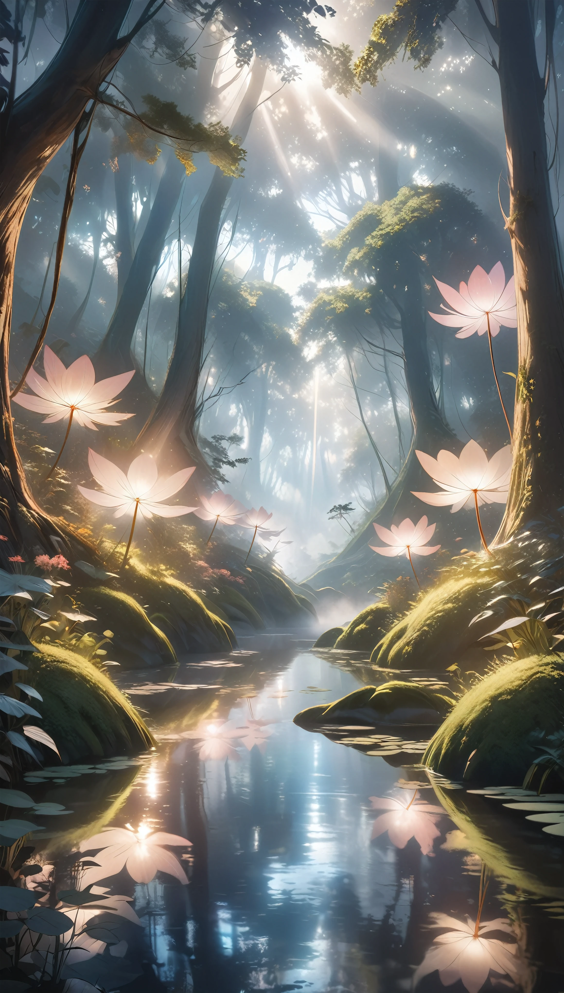 a mystical forest with fog forming the shapes of fairies, mystical light shining through, a mystical pond reflecting the light, breathtaking beauty, hyperrealism