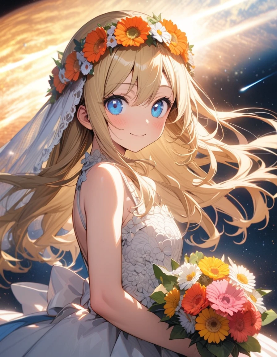1 idol,solo,17yo,holding a bouquet,amazing quality, aesthetic, aesthetic,ultra-detailed face,detailed eyes,round eyes,blue eyes,blonde hair,long hair,gerbera decoration bareback wedding dress,Gerbera flower crown,smile,Gerbera garden,(Meteor shower),((star and hart effect)),highly detailed illustration,masterpiece,8K,top quality