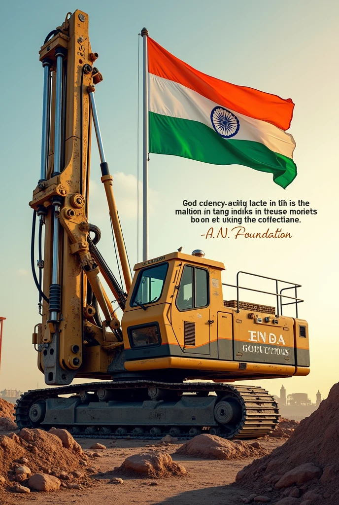 I want a picture of PILING machine with the name of my company written on the machine - A.N. foundation with a good and best font , and a best quote related to independence day , wishing independence day of india with indian flag and theme of Indian flag