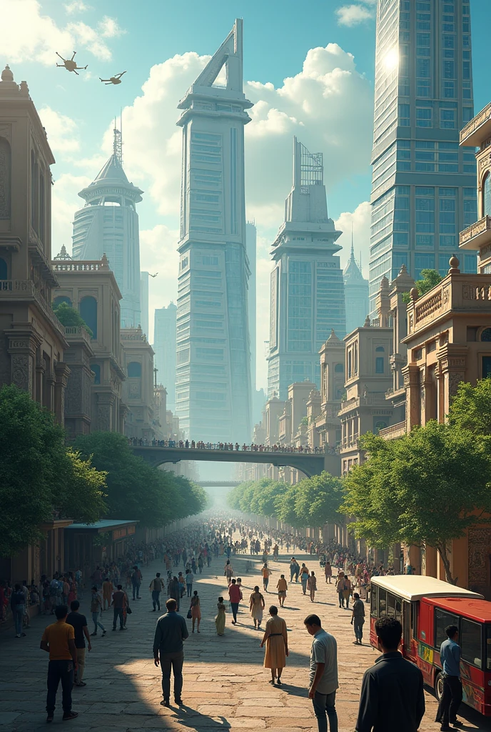 Create a picture how India will be in 2047 with great  technology and infrastructure 

