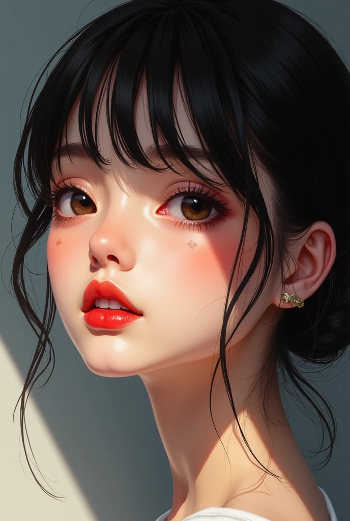 A highschool girl with a mole in her cheek chaeming red lips, her face is a little oblong and with bangs. shes beautiful