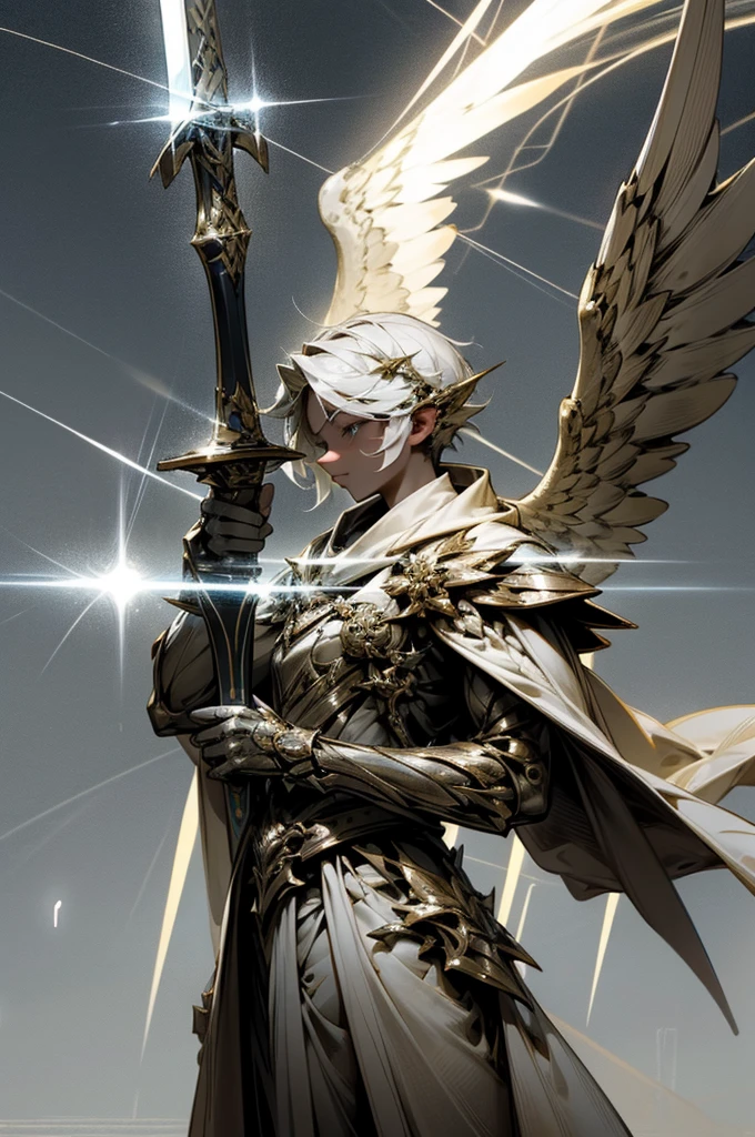 A magic sword knight,wings of the archangel,composed of elements of thunder,thunder,electricity,His form is barely tangible,(with a soft glow emanating from his gentle contours:1.2),The surroundings subtly distort through her ethereal presence,casting a dreamlike ambiance,white lightning,(Surrounded by thunder and lightning elemental magic:1.3),