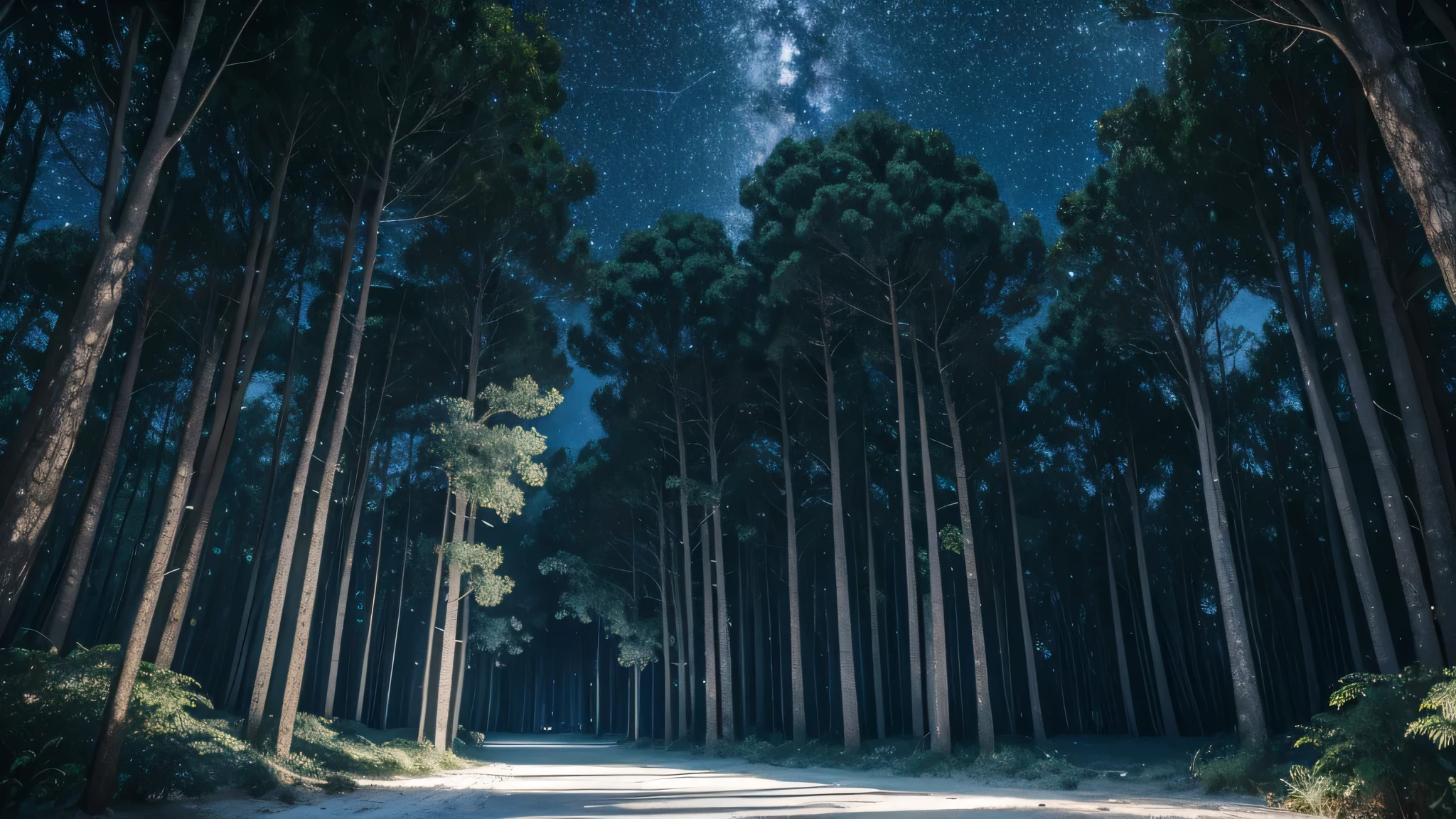 In a forest filled with silver laurel trees,The ground is white sand,The sky is a deep blue, star-studded night sky,The silver laurel trees are illuminated by starlight,The atmosphere is tranquil,high quality,masterpiece,Lots of details,8k,Amazing