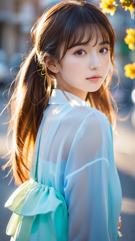 (masterpiece), (best quality), (ultra detailed),(disheed hair),(illustration), (1girl), (Fashionable clothing), standing, Fashion model, looking at viewer, (interview), (simple background), beautiful and delicate eyes, delicate beauty, floating, (high saturation), (colorful splash), colorful bubbles, (shine), focus on face, ponytail, Ayaka Kamisato, light blue hair, bangs, hair circle, floating flowers, flowing hair, (shiny), best lighting, best shadow, full body, vista
