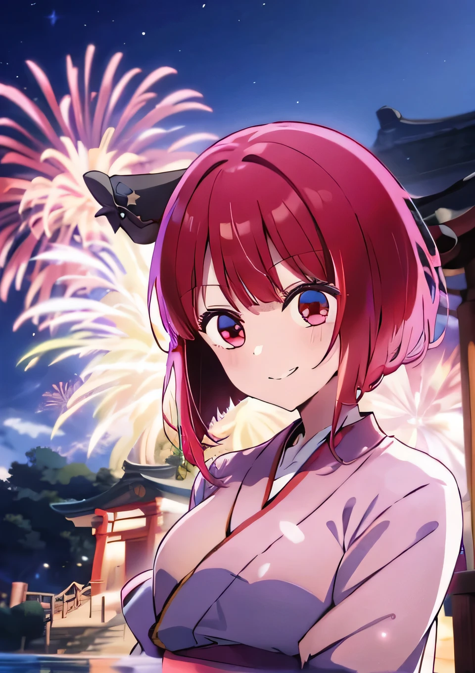 Fireworks at the shrine Shrine maiden smile