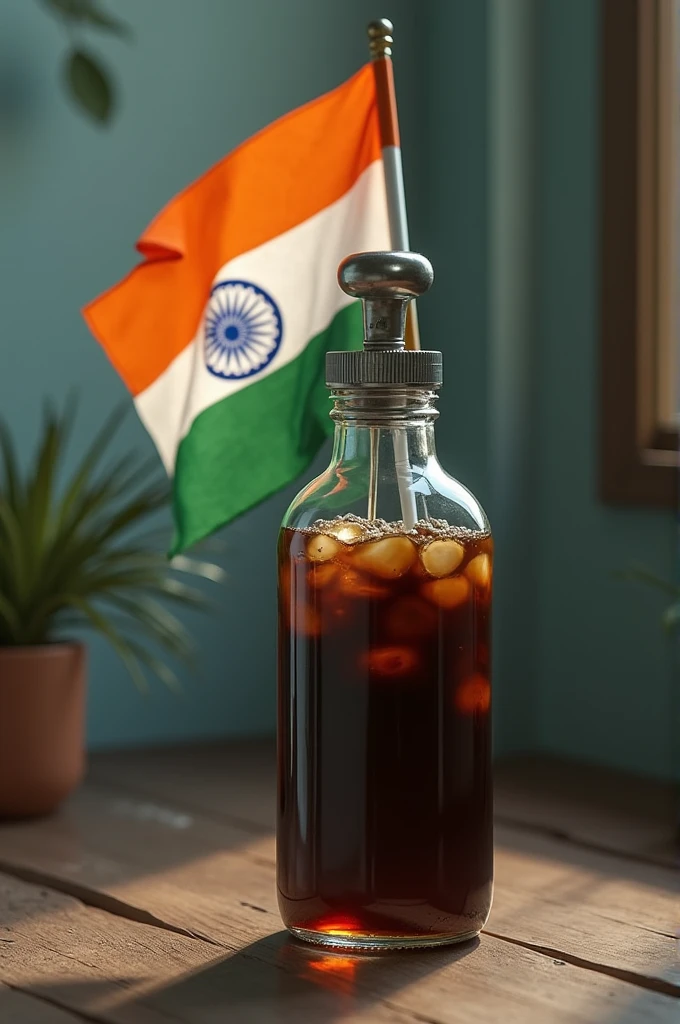 A bottle of coffee in glass bottle named Tsunami which has metal tap and holding a indian flag in hand 