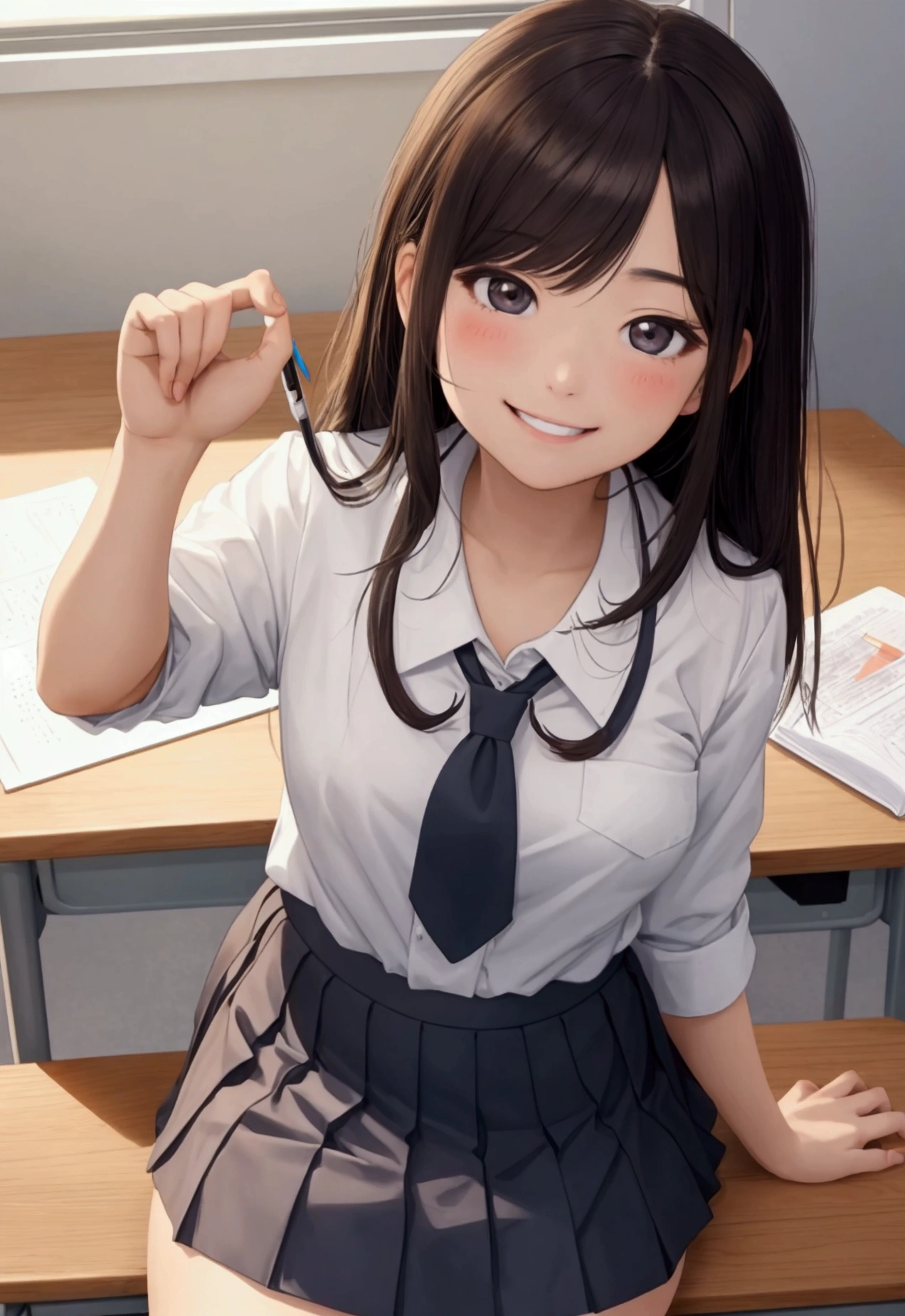 ((Top Quality)), ((Masterpiece)), (Detail), Japanese schoolgirl, sitting at desk, mini skirt, skirt pulled up, thin pubic hair, smiling, bottom angle