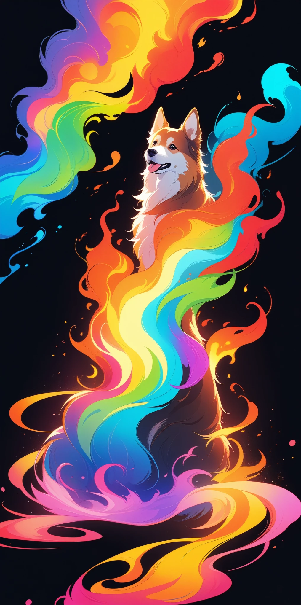 colorful neon rainbow smoke of a dogs on the fire, an ethereal flame from dogs, vibrant colors, in the style of vector art, isolated on a black background with no shadows in the anime. --s 800 --style raw --niji 6,