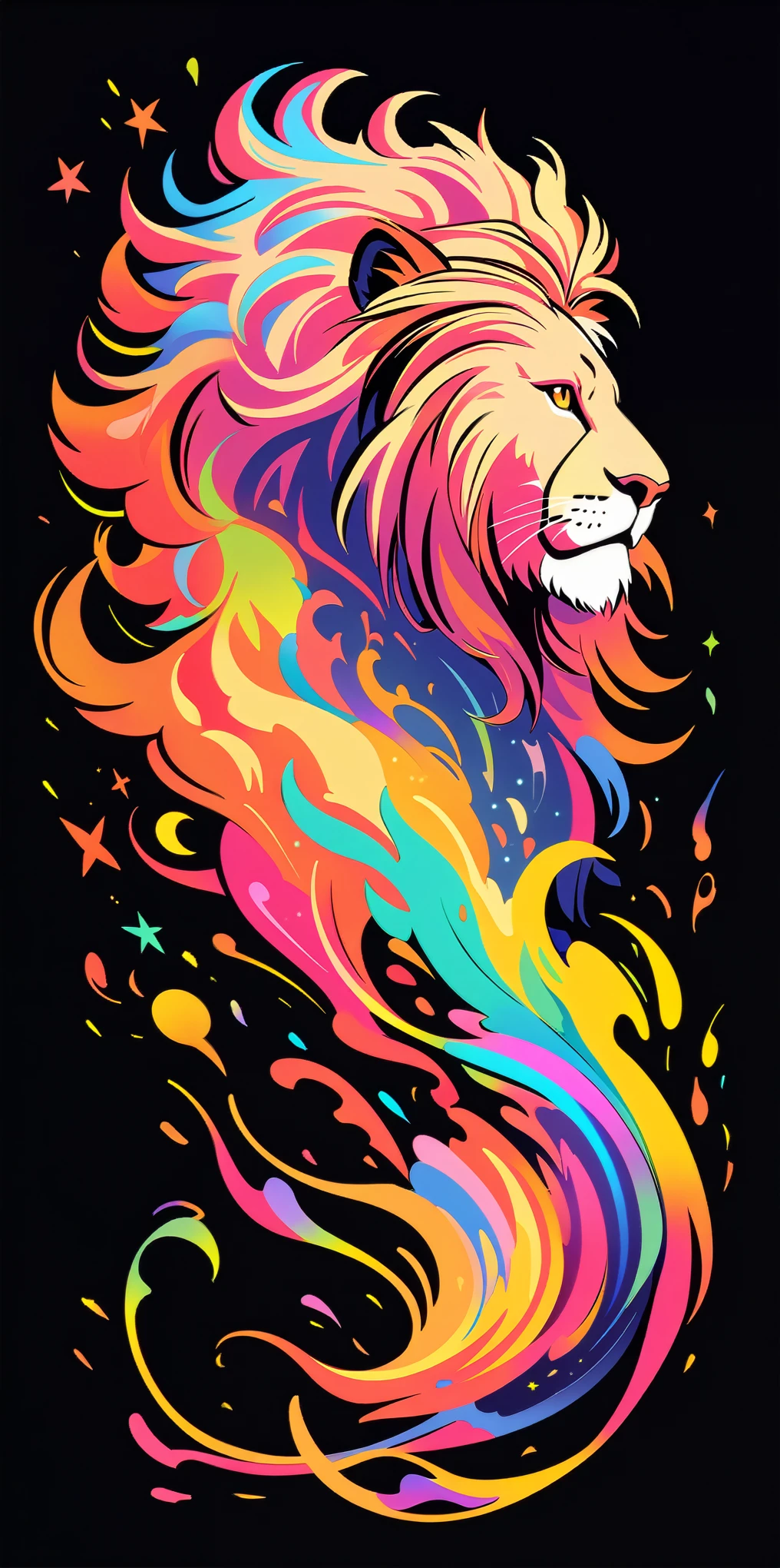 A colorful neon rainbow smoke of a Lion on the fire, an ethereal flame from Lion, vibrant colors, in the style of vector art, isolated on a black background with no shadows in the anime. --s 800 --style raw --niji 6,