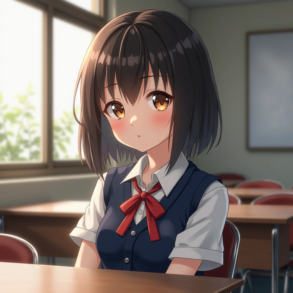 best quality, face focus, soft light, ultra high res, (photorealistic:1.4), RAW photo, 1japanese girl, solo, cute, (shy smile:0.5), (brown eyes, lights in the eyes), detailed beautiful face, (small chest),(high resolution detail of human skin texture), (short bob hair), BREAK, in classroom,navy school uniform, vest, skirt