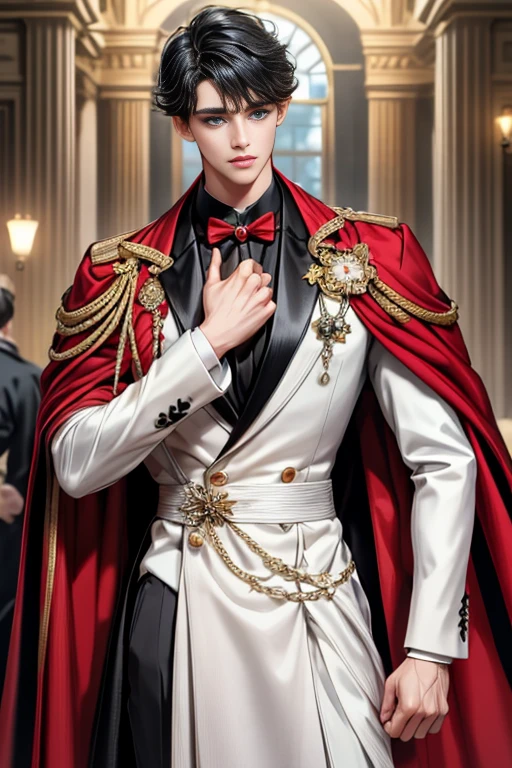 masterpiece, 最high quality, high quality, 1 boy, alone, Male focus, Watching the audience, Messy black hair, Adorable big blue eyes, White, Noble, Noble,A sexy, voluminous, puffy cape、tuxedo、A very voluminous, large, very large, very large, long, long red and black cape with a high stand-up collar, made of a lot of fabric that reaches down to the floor., ,Cute beautiful boys,Cute, cute, kind, handsome guy