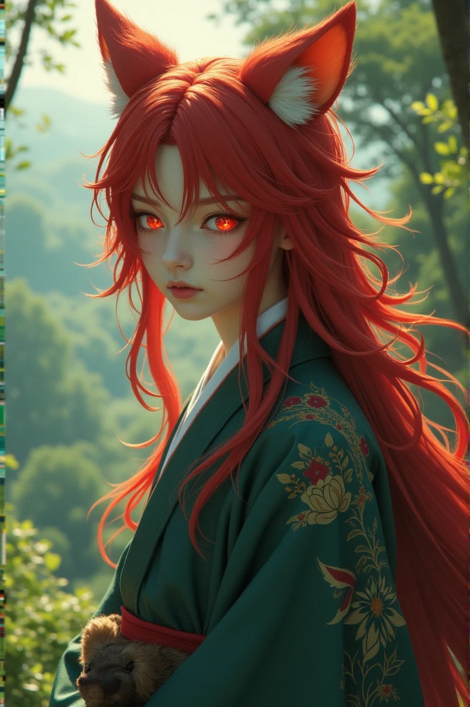 Create a 20-year-old man with long red hair and red eyes, a Japanese kitsune. 