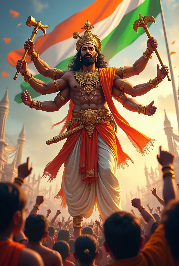 God Vishwakarma, independence day celebration, Indian flag, people. Four six hand